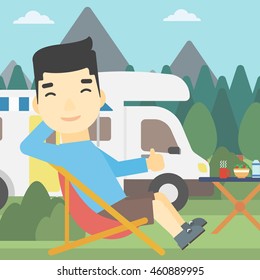An asian man sitting in a folding chair and giving thumb up on the background of camper van. Man enjoying vacation in camper van. Vector flat design illustration. Square layout.