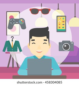 Un hombre asiático sentado frente a una laptop y algunas imágenes de bienes a su alrededor. Hombre haciendo compras en línea. Hombre comprando en internet. Ilustración de diseño plana vectorial. Diseño cuadrado.