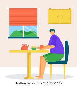 Asian man sitting at kitchen table, enjoying morning tea. Guy relaxes with cup and breakfast at home. Calm morning routine vector illustration.