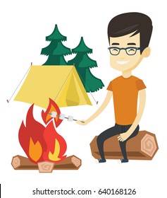 Asian man sitting on a log near campfire with marshmallow. Traveler man roasting marshmallow over campfire. Tourist relaxing near campfire. Vector flat design illustration isolated on white background