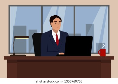 Asian man sitting at table and working in office. Vector illustration.