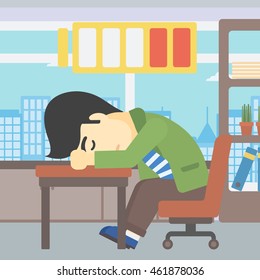 An asian man sleeping at workplace on laptop keyboard and low power battery sign over his head. Man sleeping in the office. Vector flat design illustration. Square layout.