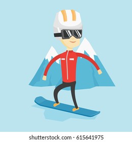 Asian man snowboarding on the background of snow capped mountain. Snowboarder on piste in mountains. Young man snowboarding in the mountains. Vector flat design illustration. Square layout.