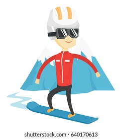 Asian man snowboarding on the background of snow capped mountain. Snowboarder on piste in mountains. Man snowboarding in the mountains. Vector flat design illustration isolated on white background.