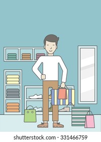 An asian man with some bags in hand and some bags on the floor in the store. Vector line design illustration. Vertical layout with a text space for a social media post.
