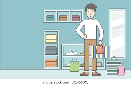 An asian man with some bags in hand and some bags on the floor in the store. Vector line design illustration. Horizontal layout with a text space for a social media post.