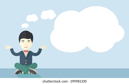 An asian man with speech cloud thinking about on how the business will grow. Business concept. A Contemporary style with pastel palette, soft blue tinted background. Vector flat design illustration