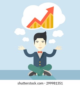 Un hombre asiático con nubes de palabras pensando en cómo crecerá el negocio. Concepto de negocio. Un estilo contemporáneo con una paleta pastel y un suave fondo azul tintado. Ilustración de diseño plano del vector