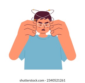Asian man with spinning head semi flat color vector character. Headache dizzy. Male feeling sick. Editable half body person on white. Simple cartoon spot illustration for web graphic design