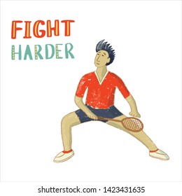 Asian man in sport badminton clothing cartoon character. Racquet sport men striking shuttlecock. Motivation badminton quote.
