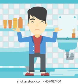 An asian man with spread arms standing near leaking sink in the bathroom vector flat design illustration. Square layout.