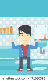 An asian man with spread arms standing near leaking sink in the bathroom vector flat design illustration. Vertical layout.