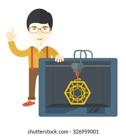 An asian man standing with 3D printer and a raised hand vector flat design illustration isolated on white background. Square layout.