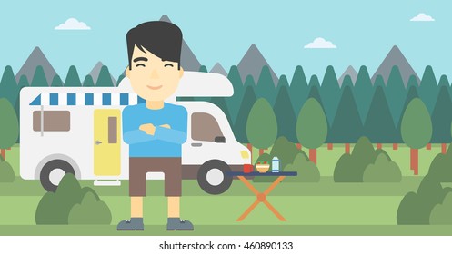 An asian man standing in front of motor home. Young man with arms crossed enjoying vacation in camper van. Vector flat design illustration. Horizontal layout.