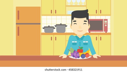 Un asiático parado frente a una mesa llena de frutas frescas en la cocina. Hombre con plato lleno de frutas. Ilustración de diseño plana vectorial. Diseño horizontal.