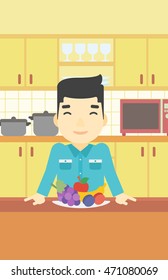 Un asiático parado frente a una mesa llena de frutas frescas en la cocina. Hombre con plato lleno de frutas. Ilustración de diseño plana vectorial. Diseño vertical.