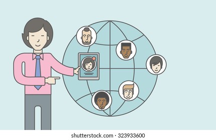 An asian man standing holding tablet with social media. Vector line design illustration. Horizontal layout with a text space.