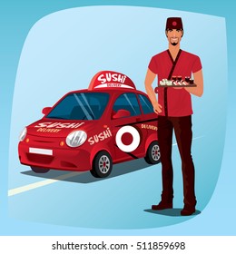Asian Man Standing In National Clothes And Demonstrates Sushi And Rolls. In Background, Red Branded Delivery Car With Logo And Inscription. Food Delivery Concept. Vector Illustration