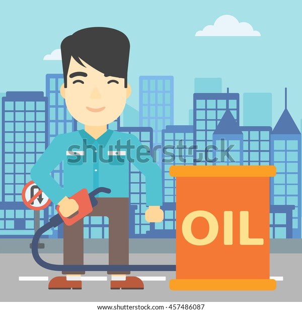 An asian man standing\
near oil barrel. Man holding gas pump nozzle on a city background.\
Man with gas pump and oil barrel. Vector flat design illustration.\
Square layout.
