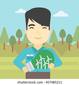 An asian man standing on the background of green forest and holding in hands a big light bulb with small wind turbines inside. Green energy concept. Vector flat design illustration. Square layout.