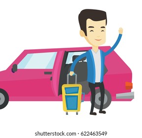 Asian man standing on the background of car with open door. Young happy man waving in front of car. Happy man going to vacation by car. Vector flat design illustration isolated on white background.