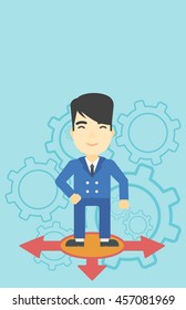 An asian  man standing on three alternative ways on a blue background with cogwheels. Concept of career choices. Vector flat design illustration. Vertical layout.