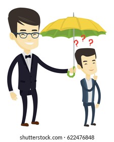 Asian man standing under umbrella and question marks. Insurance agent holding umbrella over young man. Concept of insurance in business. Vector flat design illustration isolated on white background.