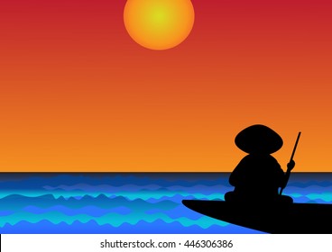 Asian man in a straw hat floating in canoe on the water at sunset
