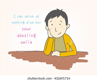 Asian man thinking of girl. vector illustration