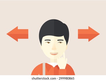 Hombre asiático pensando qué camino tomar hacia flechas izquierda o derecha. Elegir el concepto.  Un estilo contemporáneo con una paleta pastel y un fondo de color rosa suave. Ilustración de diseño plana vectorial. Diseño horizontal.