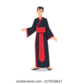 Asian man in traditional clothes vector illustration. Japanese or Chinese people wearing kimonos, national costumes isolated on white