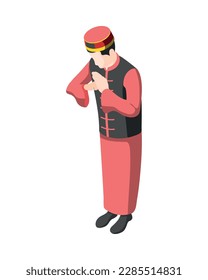 Asian man in traditional costume doing greeting gesture 3d isometric vector illustration