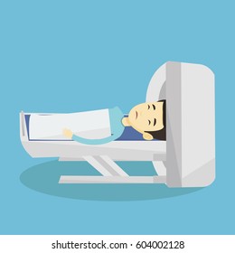 Asian man undergoes a magnetic resonance imaging scan test. Man having magnetic resonance imaging. Magnetic resonance imaging machine scanning patient. Vector flat design illustration. Square layout.