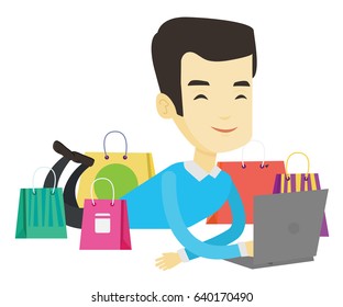 Asian man using laptop for online shopping. Man lying with laptop and making online shopping order. Man doing online shopping at home. Vector flat design illustration isolated on white background.