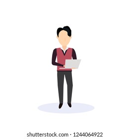 asian man using laptop standing pose isolated faceless silhouette male cartoon character full length flat