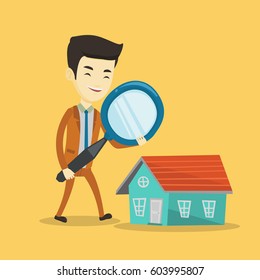 Asian man using a magnifying glass for looking for a new house. Young man with a magnifying glass checking a house. Man analyzing house with loupe. Vector flat design illustration. Square layout.