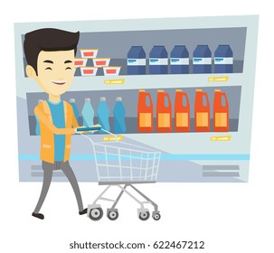 Asian man walking with cart on aisle at supermarket. Young man pushing empty supermarket cart. Customer shopping at supermarket with cart. Vector flat design illustration isolated on white background.