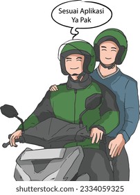 
Asian man wearing a green shirt and wearing a helmet is riding a motorbike and carrying passengers to their destination