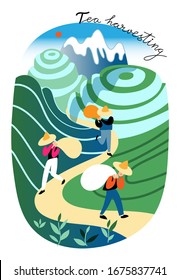 Asian man wearing hat and labor clothes engaged in tea harvesting on mountain plantation. Chinese character walking with bag along path among hill. Agricultural work in china asia. Vector illustration
