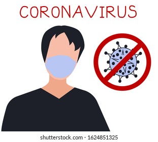 Asian man wearing a medical mask on his face. Coronavirus. Danger, prohibition, attention. Chinese virus, disease, epidemic. Medical concept. Flat style vector. Isolated on white background