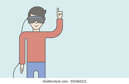 An asian man wearing a virtual reality headset with a raised hand. Vector line design illustration. Horizontal layout with a text space for a social media post.