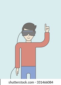 An asian man wearing a virtual reality headset with a raised hand. Vector line design illustration. Vertical layout with a text space for a social media post.