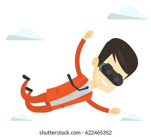Asian man wearing virtual reality headset and flying. Man in vr device having fun while playing videogame. Man flying in virtual reality. Vector flat design illustration isolated on white background.