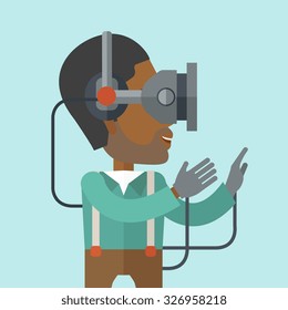 An asian man wearing a virtual relaity headset vector flat design illustration isolated on blue background. Square layout.