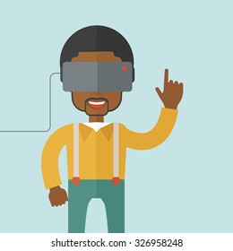 An asian man wearing a virtual relaity headset with a raised hand vector flat design illustration isolated on blue background. Square layout.
