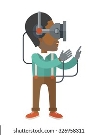 An asian man wearing a virtual relaity headset vector flat design illustration isolated on white background. Vertical layout.