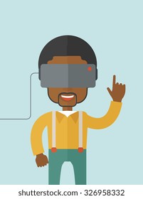 An asian man wearing a virtual relaity headset with a raised hand vector flat design illustration isolated on blue background. Vertical layout with a text space.