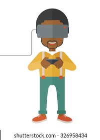 An asian man wearing a virtual relaity headset with remote control vector flat design illustration isolated on white background. Vertical layout.