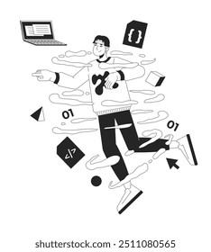 Asian man web developer in coding whirlpool black and white 2D illustration concept. Programmer with laptop in workflow outline character isolated. Software designing metaphor monochrome vector art