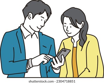 Asian man and woman exchanging contact information